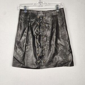 Cedars Skirt Womens 8 Black Leather Corset Lace Up Side Zip Made USA Mini‎ Lined